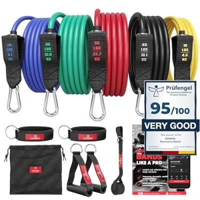 Imagen de Juego de Bandas Resistencia elásticas + guía Ejercicios Cintas Profesionales: 5 Tubos látex Tobillera, Anclaje para Puerta &amp; Asas Acolchadas Fitness, Gimnasio, fisioterpia, Culturismo