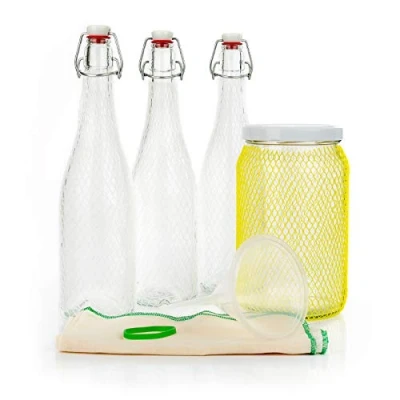 Imagen de myFERMENTS Kit de Bebidas Probioticas Tarro Cristal 2L 3 Botellas Herméticas 750 ml Embudo y Muselina Para Kombucha, Kefir, Cerveza Vidrio