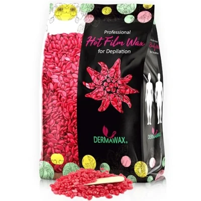 Imagen de Dermawax Cera depilatoria caliente de fusión suave rosa Depilación sin tiras para todas las áreas así como la cara Piernas Brazos brasileña y tipos piel particularmente sensible 1kg