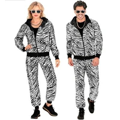 Imagen de W WIDMANN MILANO Party Fashion Chandal, animal print cebra, plateado metalizado, print, traje años 80, jogging suit, disfraz mal gusto, disfraces carnaval