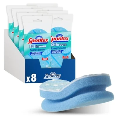 Imagen de Spontex Bathroom Estropajo salvauñas, no raya, especial para baño, tamaño XL, fibra blanca, color azul (Paquete de 8)
