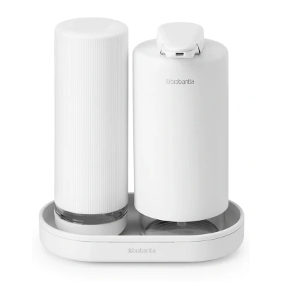 Imagen de Brabantia Juego de dispensador jabón SinkStyle con 2 Elegantes dispensadores para Manos y Platos, Bandeja Texturizada exprimidor jabón, Blanco Fresco Mineral, x 200 ml