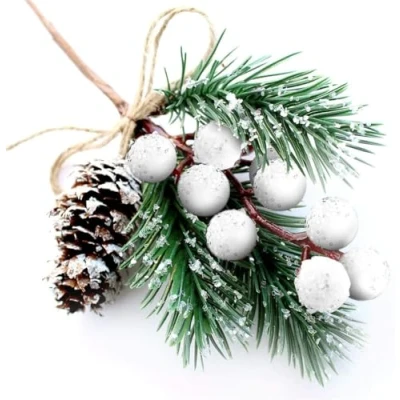 Imagen de Puluole 10 conos de pino con bayas Navidad para manualidades, púas árbol Navidad, ramas artificiales hoja perenne, tallo acebo, decoraciones adorno envoltura