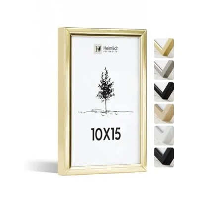 Imagen de Heimlich® 1x marco de fotos 10x15 cm Aluminio Dorado marcos cuadros Vidrio Acrílico Irrompible Grano Visible Duradero Fácil Colgar Para Decoración Pared y Hogar