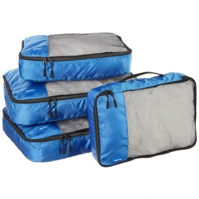 Imagen de Amazon Basics Organizador Para Maletas, Organizadores de Viaje, con Cremallera, Juego 4 Bolsas, 2 Grandes y Medianos, Azul