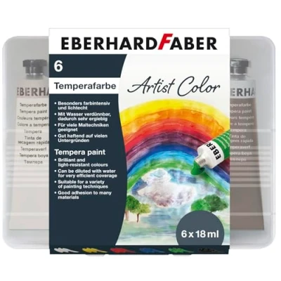 Imagen de Eberhard Faber 575505 Pinturas Escolares EFA Color Tempera en Caja de plástico con 6 Tubos 18 ml Cada uno, se Pueden diluir y Mezclar, adecuadas para Muchas técnicas Pintura