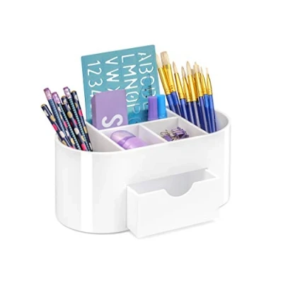 Imagen de OSCO organizador de escritorio plástico brillante con cajón, escritorio, soporte para bolígrafos, contenedor maquillaje, almacenamiento lápices, 6 compartimentos, exhibición