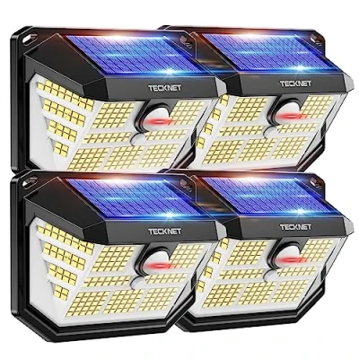 Imagen de TECKNET Luz Solar Exterior, 231 LED/300 Iluminación (Ilumina 35㎡) Brillo Alto Luces Solares con Sensor de Movimiento, 3 Modes IP65 Impermeable Focos Led para Jardín, Garaje, Patio, 4 Paquete
