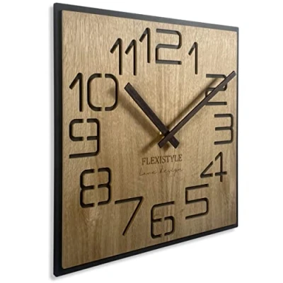 Imagen de Moderno Reloj de Pared Cuadrado Grande Madera Eco diámetro 50 cm, Silencio, Aspecto Madera, Roble, Sala Estar, Dormitorio (Digits)