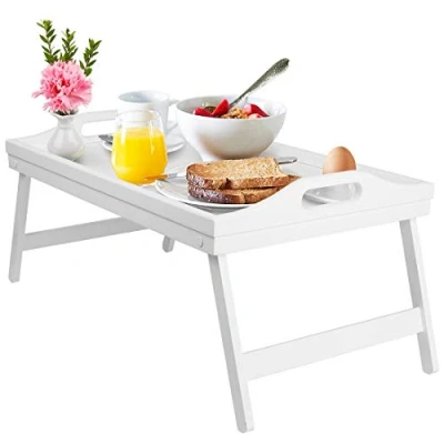 Imagen de bandeja de cama para desayuno con patas plegables madera, servir cama, TV, escritorio, ordenador portátil, aperitivos, color blanco