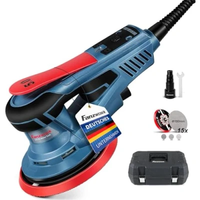 Imagen de FANZWORK Lijadora rotorbital EZ150A, 350W, órbita de 5 mm, disco 150 7 velocidades, freno disco, 15 lijas, repuesto y maletín transporte.