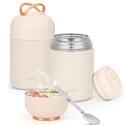 Imagen de ZWOOS Termo Comida Caliente 850 ml, Recipiente Térmico para con Asa, Frasco Acero Inoxidable fiambrera termica Cuchara Plegable, sopa, pasta (Blanco 850ML)