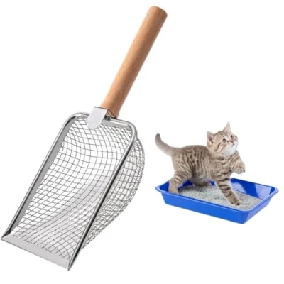Imagen de Pala para Arena Gatos, de Metal, Gatos con Mango Madera, tamaño poro 4mm, Metal