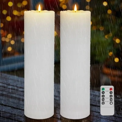 Imagen de Kimjo 10CM x 35CM Sin llama Grandes Velas LED al Aire Libre Resistente Agua 2 Piezas Blanco con Función de Temporizador Mando a Distancia 500+ Horas la Batería