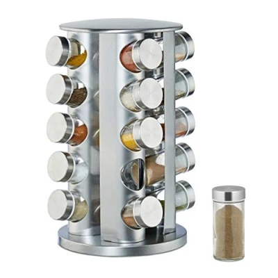 Imagen de relaxdays Especiero con 20 botes para especias, 360º, 34,5 cm, Acero inoxidable, Plateado