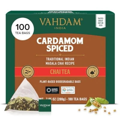 Imagen de VAHDAM, Cardamom Masala Chai Té (100 Piramidales Bolsitas De Té) Bolsa Con Especias 100% Pura Y Natural Caliente, Frío O Como Kombucha