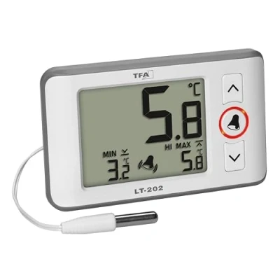Imagen de TFA Dostmann Termómetro digital profesional con sensor de cable impermeable LT202 30.1052, indicador permanente valores máximos mín., alarma temperatura, para acuarios y frigoríficos, color