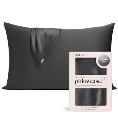 Imagen de Kitsch Funda de Almohada refrescante 100% satén con Cremallera, más Suave Que la Seda, Ideal para el Cabello y Piel (Estándar/Queen, 1 Paquete, carbón)