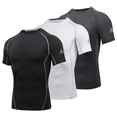 Imagen de AMZSPORT Camiseta de Compresión Manga Corta para Hombre Secado Rápido Gimnasia y Carrera, 3 Paquetes, Negro, Blanco, Gris L
