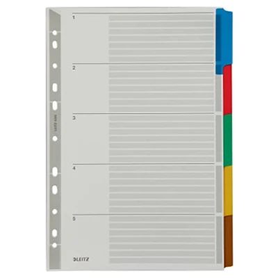 Imagen de Leitz A4 5 Separador de Pestañas Blanco, Reforzadas con Mylar y Orificios, Cartón Resistente, Gris, 43200000