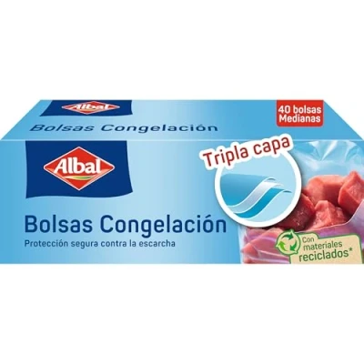 Imagen de Albal bolsas congelación para congelar alimentos, porta previenen la escarcha y las quemaduras por congelación, 70% material reciclado, 3L, 40 medianas