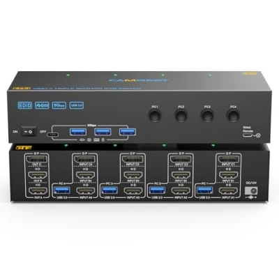 Imagen de KVM Switch 3 Monitores 4 PC 4K@60Hz, 2 HDMI+Displayport Triple Monitor para Share y puertos USB 3.0 Teclado Ratón Impresora, cables incluidos