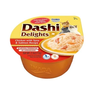 Imagen de INABA Dashi Delights Trozos en un Caldo de Copos Bonito con Pollo, atún y salmón Comida para Gatos Topping Alto Contenido proteínas Ingredientes Naturales 1 x 70g