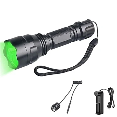 Imagen de Linterna Luz Verde de Caza, WESLITE 1200 Lúmenes Caza 1 Modo Linternas Táctica LED Recargable Impermeable con Interruptor Presión y Cargador Batería para Nocturna