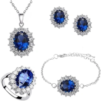 Imagen de TOFBS Conjuntos de Joyas para Mujer y Niñas Zirconia Cúbica Collar con Colgante Pendientes Pulsera Anillo Juego Princesa Diana (Azul real)