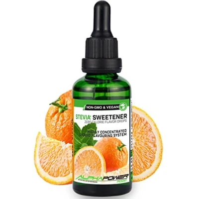 Imagen de ALPHA POWER FOOD®: Stevia líquida natural Gotas de jugo naranja, Edulcorante natural, sustituto del azúcar con sabor sin &amp; calorías