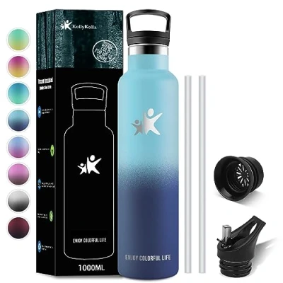 Imagen de KollyKolla Botella Termica 1 litro, Agua Acero Inoxidable, con Pajita y Filtro, Cantimplora Sin BPA, Termo Doble Pared al Vacío a Prueba de Fugas, Adultos Niños, Deporte, Escuela