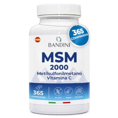 Imagen de Bandini® MSM 2000 mg + Vitamina C Natural 365 comprimidos veganos Para 6 meses Metilsulfonilmetano alta dosificación Huesos, Articulaciones, Piel, Cabello y Uñas Tabletas sin aditivos
