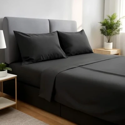 Imagen de gobedreams Juego de Sábanas 4 Piezas 150x190/200. Cama Poliéster Microfibra cepillada. Sábana Plana, Sabana Bajera Ajustable y 2 Fundas Almohada. Color Negro
