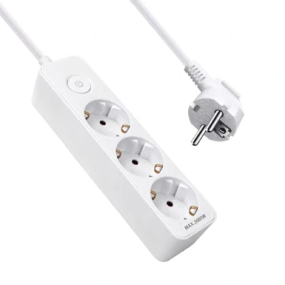 Imagen de EXTRASTAR Regleta Alargador con 3 Enchufes e Interruptor, Tomas, Cable 1.4M, para el Hogar, Oficina y Viajes, 16A, 250V, MAX 3680W, Blanco