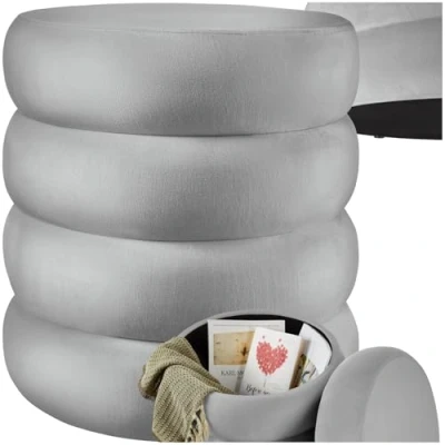 Imagen de TecTake® Taburete Almacenaje Bouclé, Carga: 120 kg, MDF y Poliéster, Puff Almacenaje, Dormitorio, Reposapies Puff, Zapatero Entrada Recibidor, Asiento Acolchado, Ideal Salón Hogar Gris