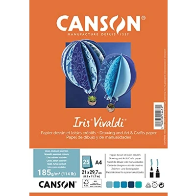 Imagen de Canson Iris Vivaldi, Papel de dibujo color, Suave, 185gsm, A4 21x29,7cm, 5 colores surtidos, 25 Hojas
