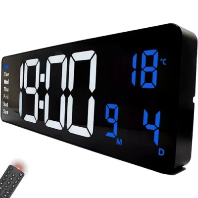 Imagen de Opis Clock 1 XXL Blanco/Azul Reloj Digital Pared Grande con Temperatura y LED para Cocina, Oficina, Gimnasio