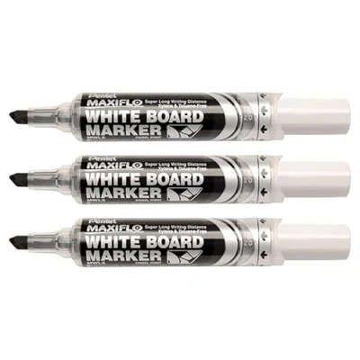 Imagen de Pentel MAXIFLO MWL6 Lote de 3 rotuladores para pizarra blanca (punta biselada, ancha), color negro