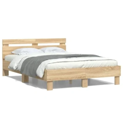 Imagen de vidaXL Cama con Cabecero, Somier de Listones, Estructura Marco Cama, Mueble para Dormitorio, Madera Ingeniería Roble Sonoma 135x190 cm