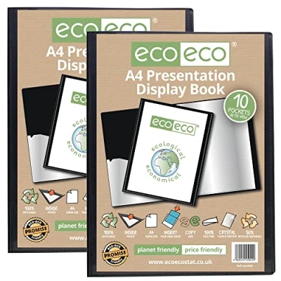 Imagen de eco Eco042x2 carpeta de presentación tamaño A4, 50% reciclado, 10 bolsillos, color negro, arte con fundas plástico (paquete 2 libros), negro