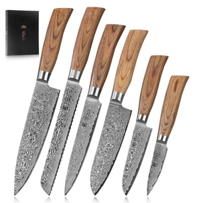 Imagen de Wakoli Edib Pro Set de cuchillos cocina damasco 6 piezas I Hojas muy afiladas fabricadas con 67 capas acero japonés núcleo VG10 y mango madera pakka en estuche
