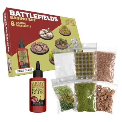 Imagen de The Army Painter Battlefields Basing Set, 50ml Pegamento Miniaturas Pva, 35 Mechones Verdes, 1 Caja De Musgo, Campo Batalla Marrón, Maleza Verano Y Rocas Para Warhammer 40k