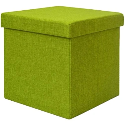 Imagen de DuneDesign Puf 38cm Escabel con cajón Contiene 42L Banqueta para los pies Caja Tapa Acolchada Reposapiés Plegable Taburete Cuadrado Verde Lima