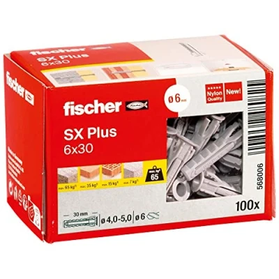 Imagen de fischer 568006 Taco de expansión SX Plus 6 x 30, caja con 100 anclajes nylon, para una sujeción óptima al fijar en hormigón, ladrillo macizo, (Caja unidades)