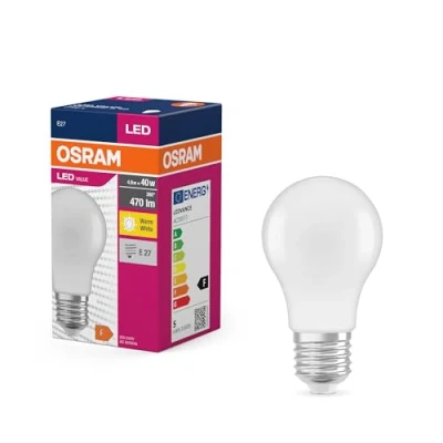 Imagen de OSRAM Valor de estrella LED Lámpara clásica A40 para enchufe E27, forma pera, FR, 470 lúmenes, blanco cálido (2700k), reemplazo bombillas 40W convencionales, 10 paquetes