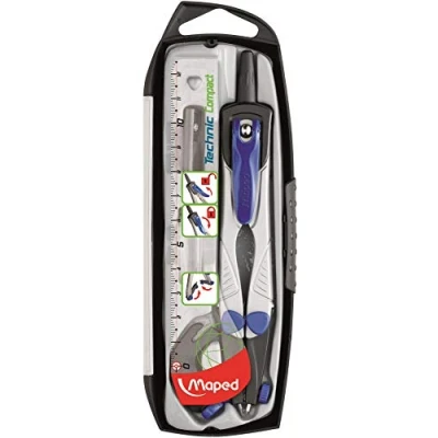 Imagen de Maped Material Escolar Techic Compact Caja 4 Piezas Compás de Precisión Incluye 1 Abrazadera Universal, Estuche Minas y Afilaminas Sistema BLoqueo Brazos