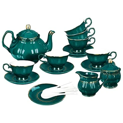 Imagen de fanquare 21 Piezas Juego de Té Porcelana Vintage, Servicio Café Verde Oscuro para 6, con Tetera, Tarro Leche, Azucarero, Platillos y Cucharas