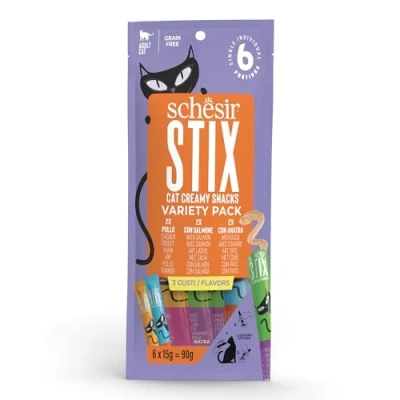 Imagen de Schesir Stix, Variety Pack, Snack cremoso y Rico en proteínas (72 sobre x 15g)