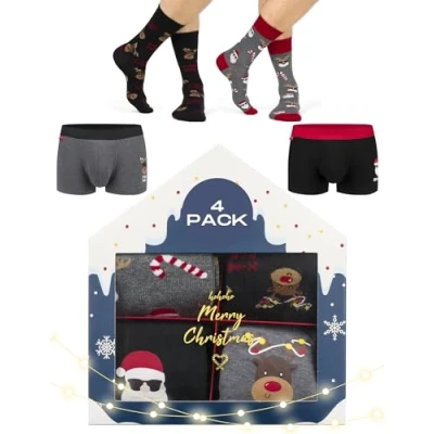 Imagen de soxo Navidad Calzoncillos Hombre Boxer + Calcetines Divertidos Regalos 4 Pack M 40 45