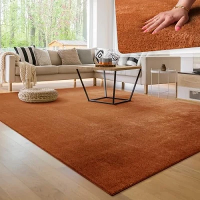 Imagen de Paco Home Alfombra Moderna y Suave para Salón a Pelo Corto Lavable Fluffy Uni Efecto Piel Intemporal Elegante Antideslizante Fácil de Limpiar, tamaño:100x200 cm, Color:Cobre
